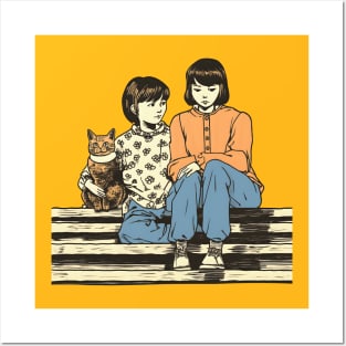 Two asian young girls sitting on stairs with cat Posters and Art